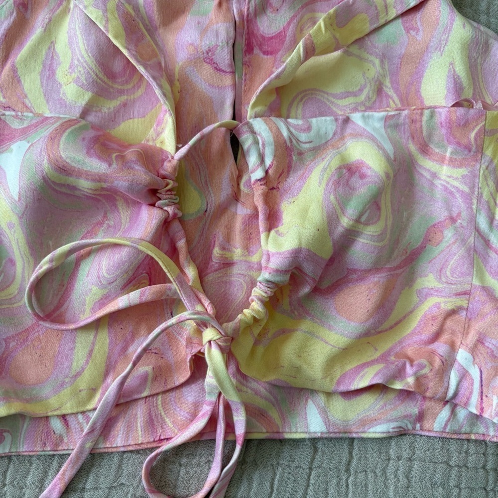 Zara Satin Marbled Keyhole Top Pink Yellow Watercolor Tie Back Halter size S - Picture 8 of 10